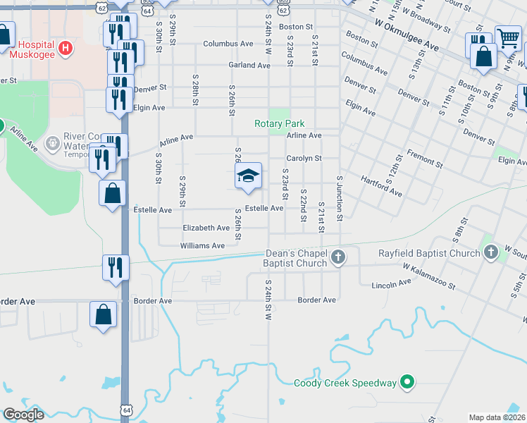 map of restaurants, bars, coffee shops, grocery stores, and more near 901 South 24th Street West in Muskogee