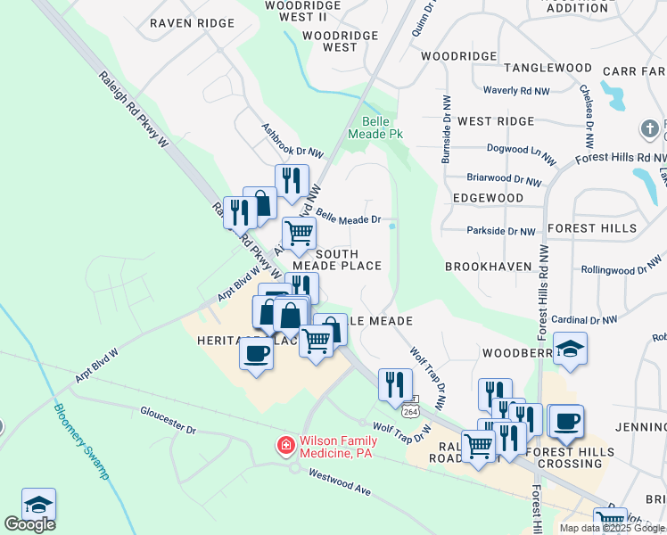 map of restaurants, bars, coffee shops, grocery stores, and more near 3515 South Meade Place Northwest in Wilson