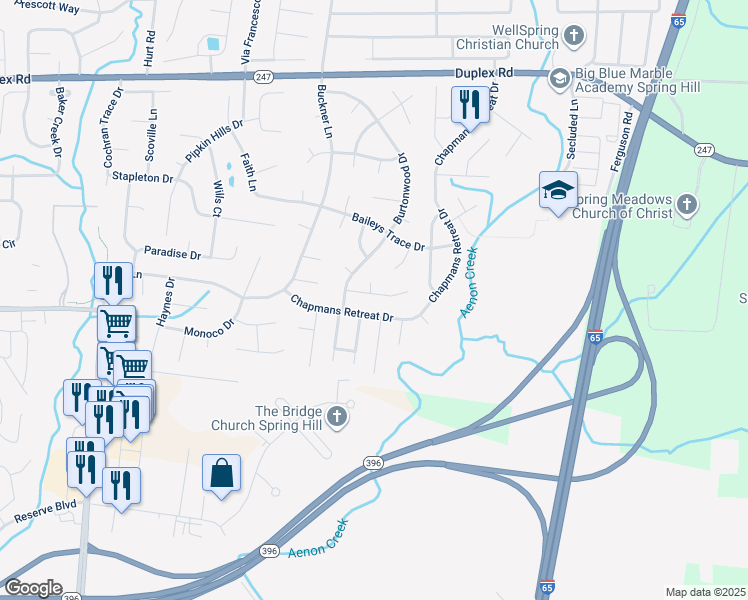 map of restaurants, bars, coffee shops, grocery stores, and more near 6008 Thrush Court in Spring Hill