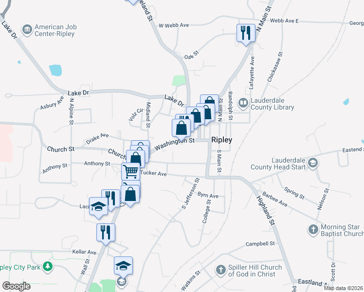map of restaurants, bars, coffee shops, grocery stores, and more near 182 Washington Street in Ripley