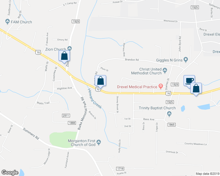 map of restaurants, bars, coffee shops, grocery stores, and more near 2409 U.S. 70 in Morganton