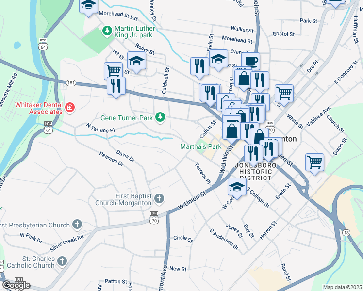 map of restaurants, bars, coffee shops, grocery stores, and more near 107 Sycamore Circle in Morganton