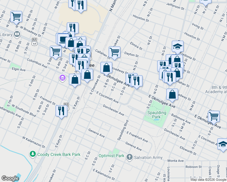map of restaurants, bars, coffee shops, grocery stores, and more near 228 South C Street in Muskogee
