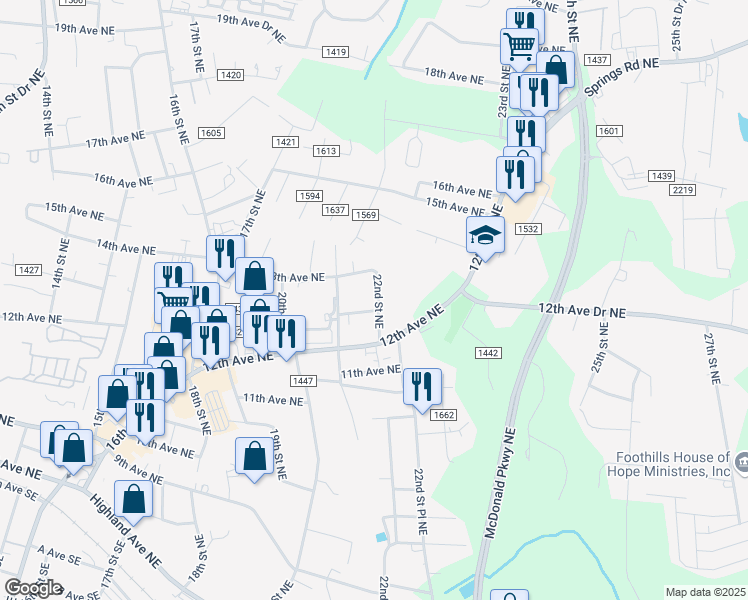 map of restaurants, bars, coffee shops, grocery stores, and more near 1261 22nd Street Northeast in Hickory