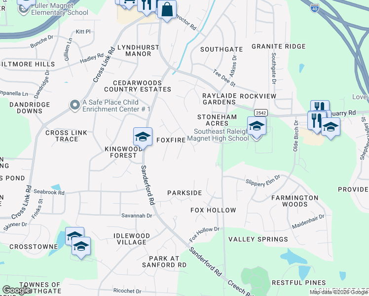 map of restaurants, bars, coffee shops, grocery stores, and more near 2509 Foxgate Drive in Raleigh