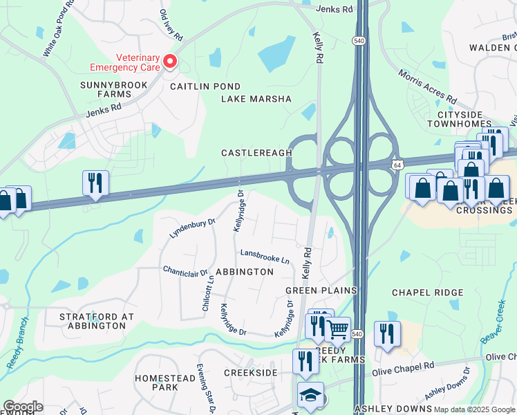 map of restaurants, bars, coffee shops, grocery stores, and more near 105 Chantilly Court in Apex