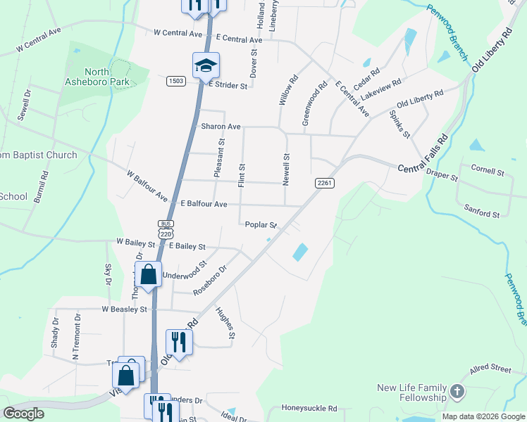 map of restaurants, bars, coffee shops, grocery stores, and more near 400 East Balfour Avenue in Asheboro