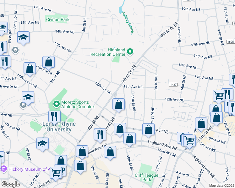map of restaurants, bars, coffee shops, grocery stores, and more near 1220 9th Street Northeast in Hickory