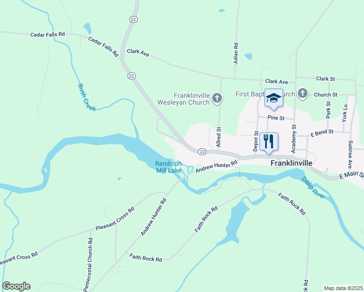 map of restaurants, bars, coffee shops, grocery stores, and more near 111 Smith Street in Franklinville