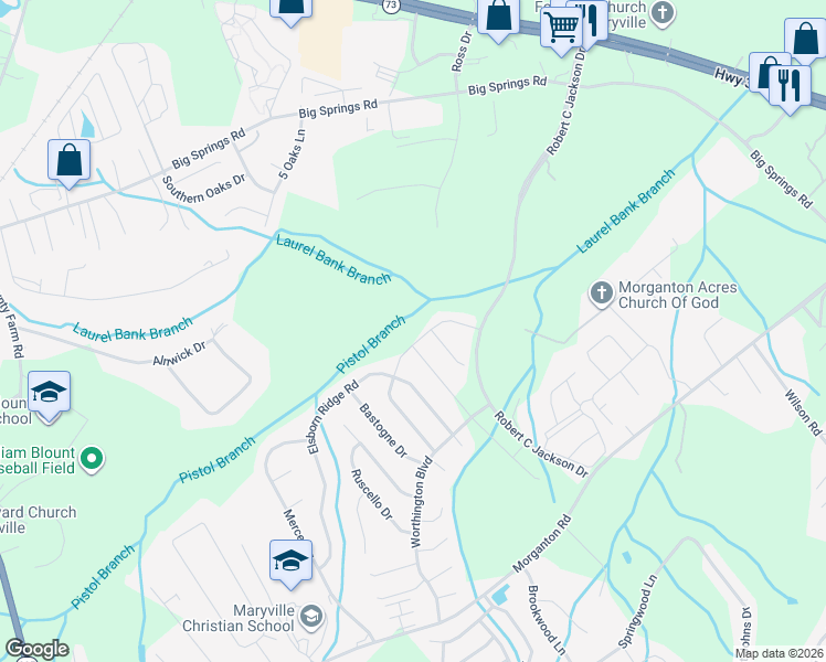 map of restaurants, bars, coffee shops, grocery stores, and more near 1251 Branch Creek Lane in Maryville