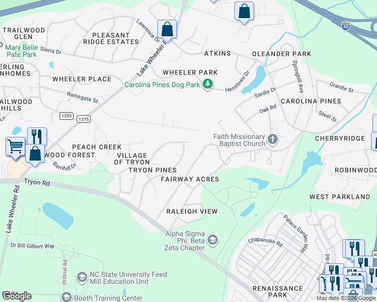 map of restaurants, bars, coffee shops, grocery stores, and more near 2509 Tryon Pines Drive in Raleigh