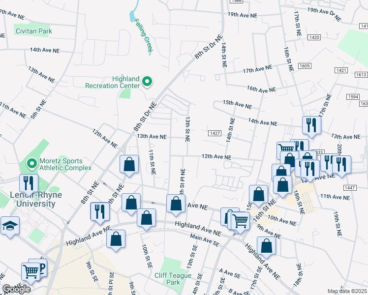 map of restaurants, bars, coffee shops, grocery stores, and more near 1225 13th Street Northeast in Hickory