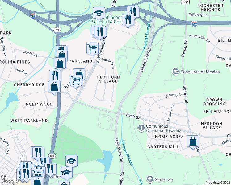 map of restaurants, bars, coffee shops, grocery stores, and more near 2733 Newbold Street in Raleigh