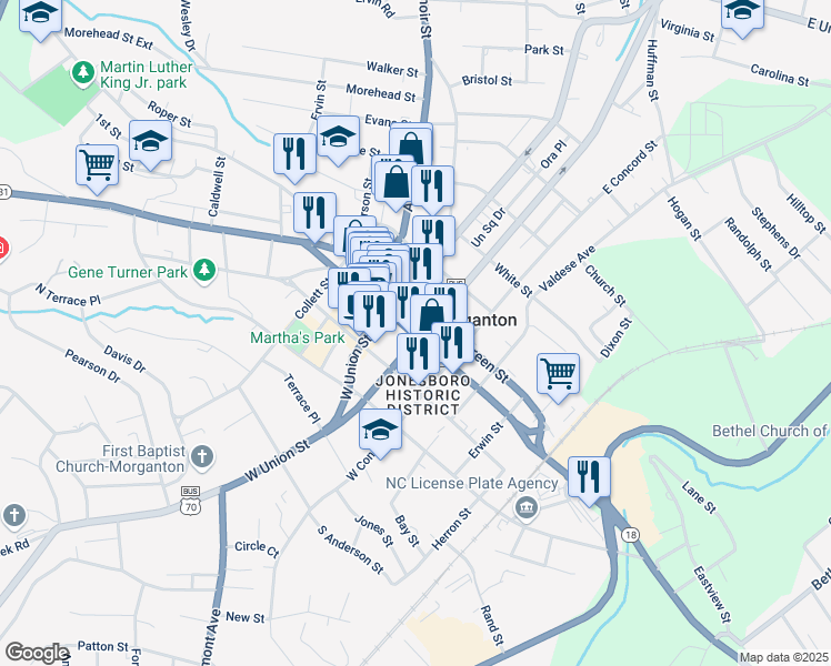 map of restaurants, bars, coffee shops, grocery stores, and more near 101 East Meeting Street in Morganton