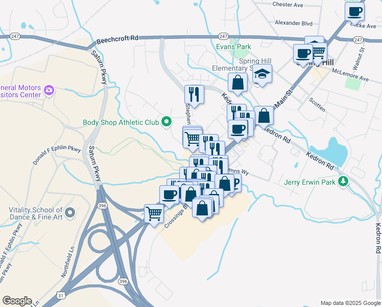 map of restaurants, bars, coffee shops, grocery stores, and more near 5341 Main Street in Spring Hill