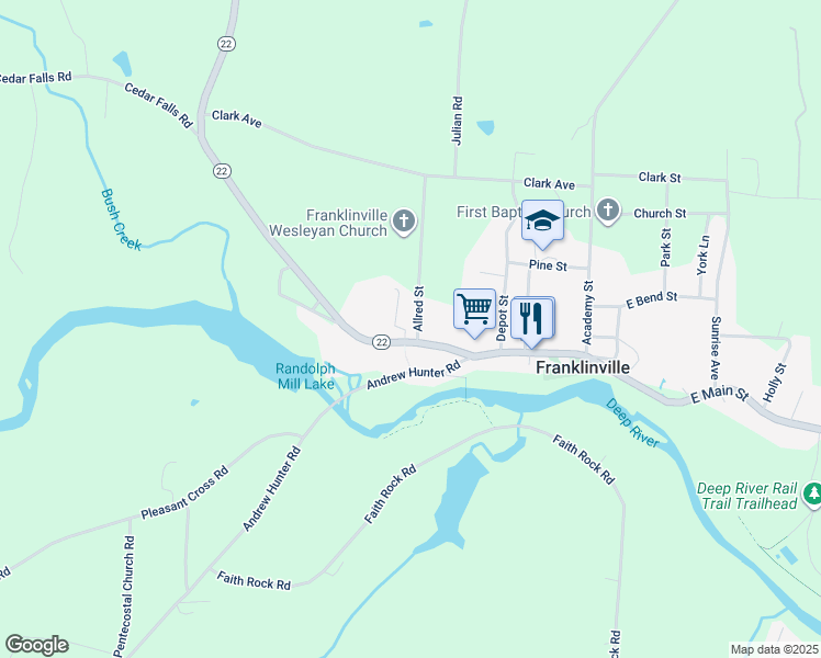 map of restaurants, bars, coffee shops, grocery stores, and more near 121 Allred Street in Franklinville
