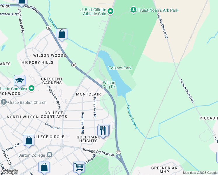 map of restaurants, bars, coffee shops, grocery stores, and more near 3815 Ward Boulevard in Wilson