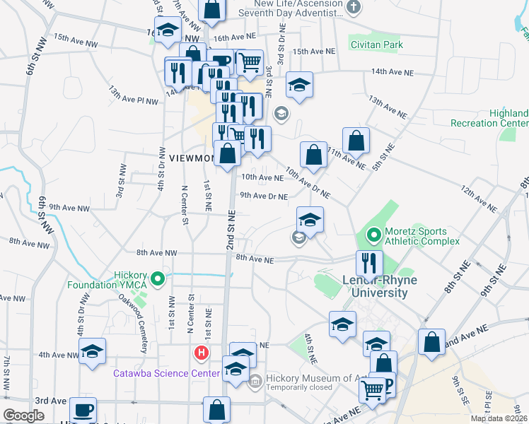 map of restaurants, bars, coffee shops, grocery stores, and more near 904 2nd Street Northeast in Hickory