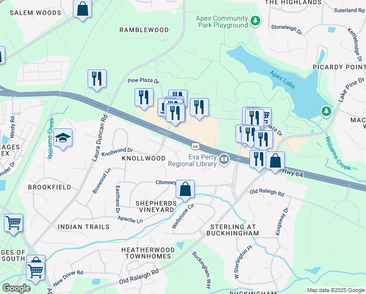 map of restaurants, bars, coffee shops, grocery stores, and more near 1807 Oak Street in Apex