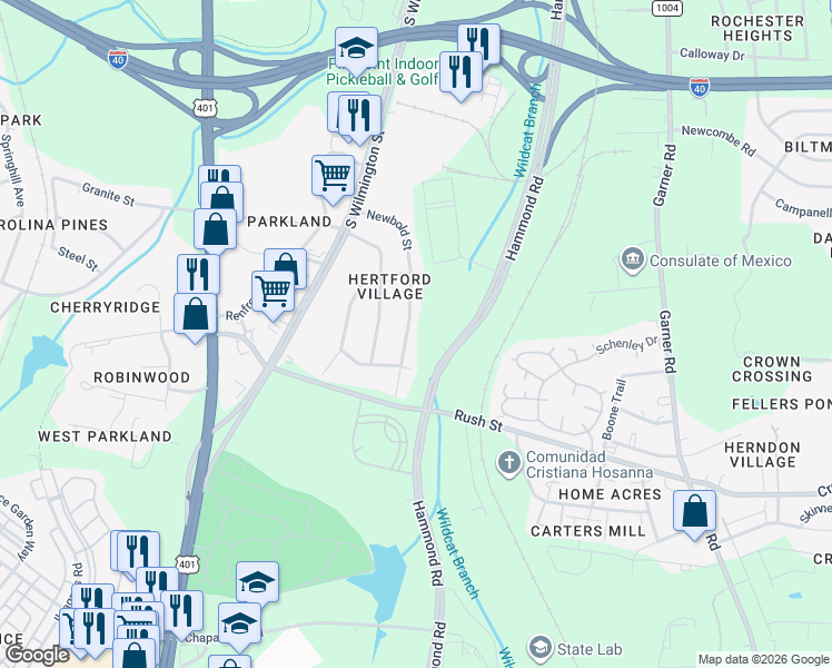 map of restaurants, bars, coffee shops, grocery stores, and more near 2733 Newbold Street in Raleigh