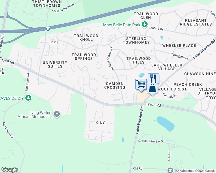 map of restaurants, bars, coffee shops, grocery stores, and more near 2840 Barrymore Street in Raleigh