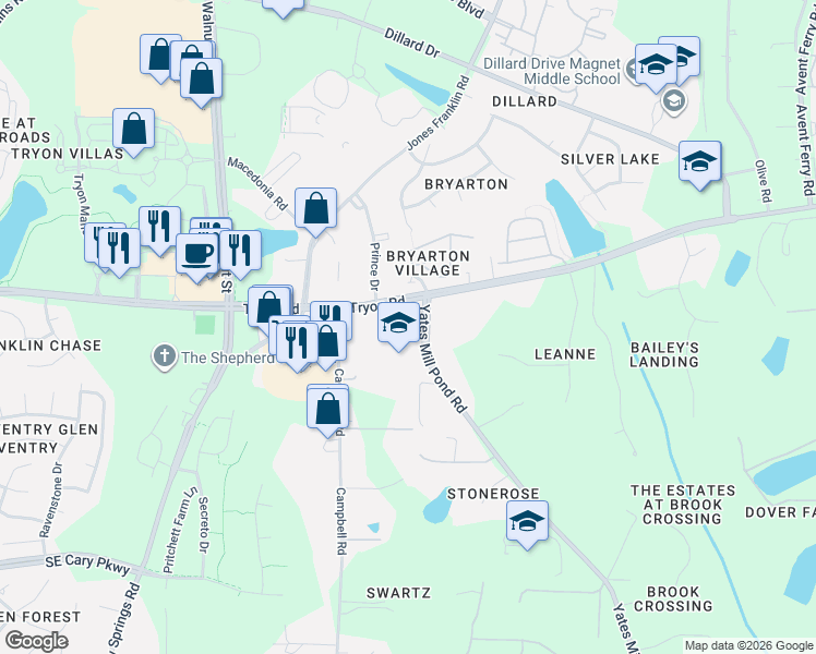 map of restaurants, bars, coffee shops, grocery stores, and more near 6233-6283 Yates Mill Pond Road in Raleigh