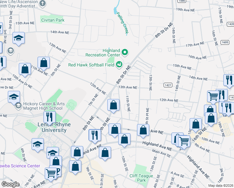 map of restaurants, bars, coffee shops, grocery stores, and more near 1220 9th Street Northeast in Hickory