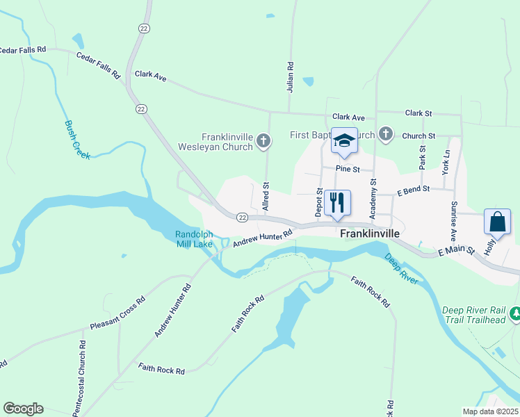 map of restaurants, bars, coffee shops, grocery stores, and more near 121 Allred Street in Franklinville