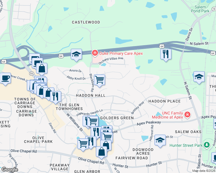 map of restaurants, bars, coffee shops, grocery stores, and more near 1015 Lylebourne Court in Apex