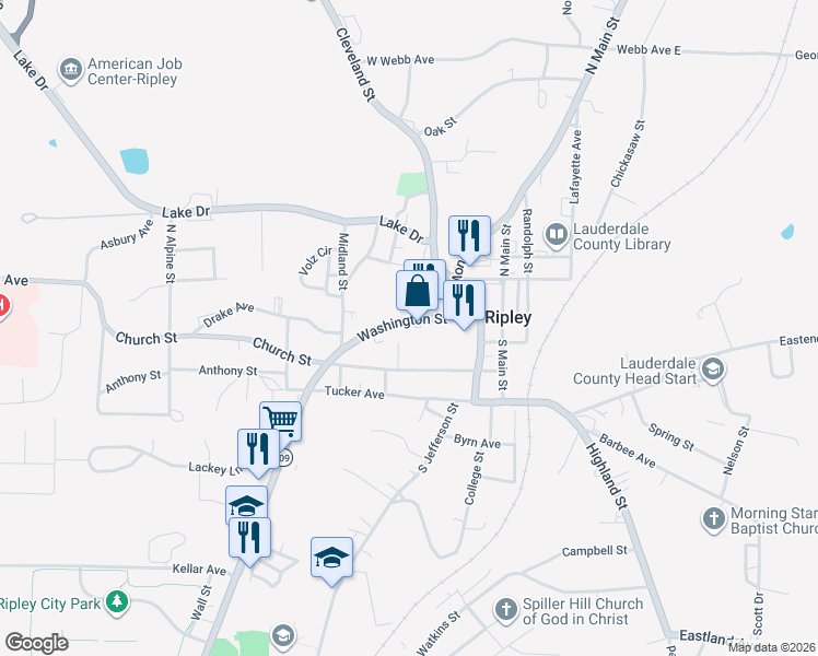 map of restaurants, bars, coffee shops, grocery stores, and more near 182 Washington Street in Ripley