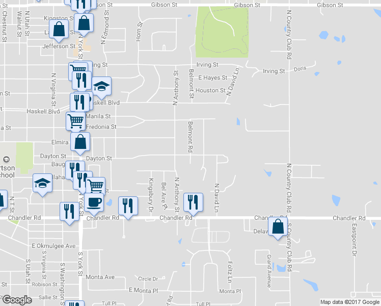 map of restaurants, bars, coffee shops, grocery stores, and more near 2700 Dayton Street in Muskogee