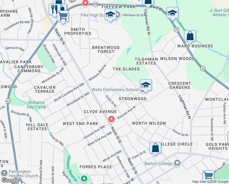map of restaurants, bars, coffee shops, grocery stores, and more near 1601 Adams Street North in Wilson