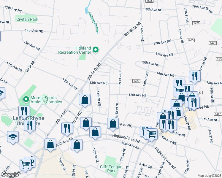 map of restaurants, bars, coffee shops, grocery stores, and more near 1222 12th Street Northeast in Hickory