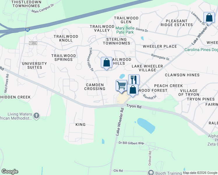 map of restaurants, bars, coffee shops, grocery stores, and more near 2525 Ferndown Court in Raleigh