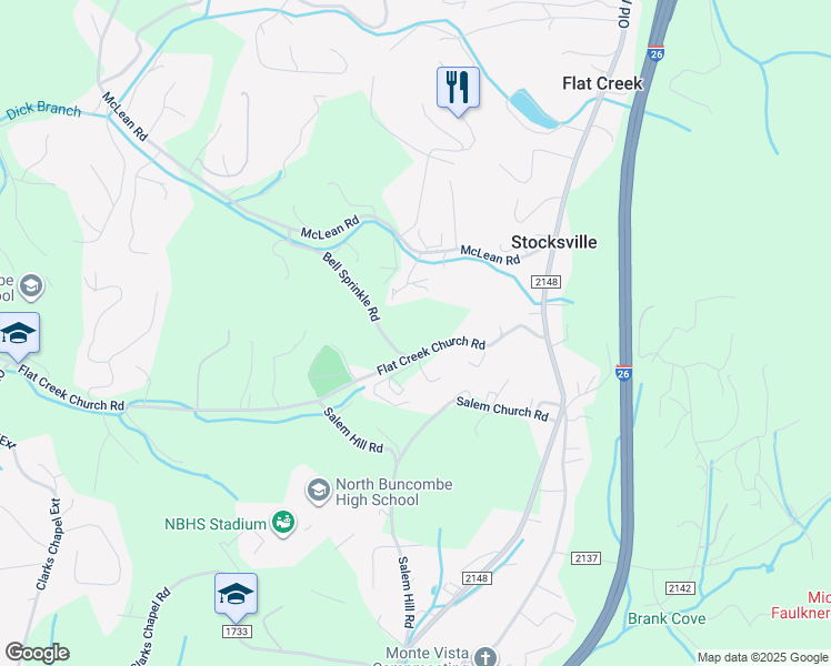 map of restaurants, bars, coffee shops, grocery stores, and more near 49 Flat Creek Church Road in Weaverville