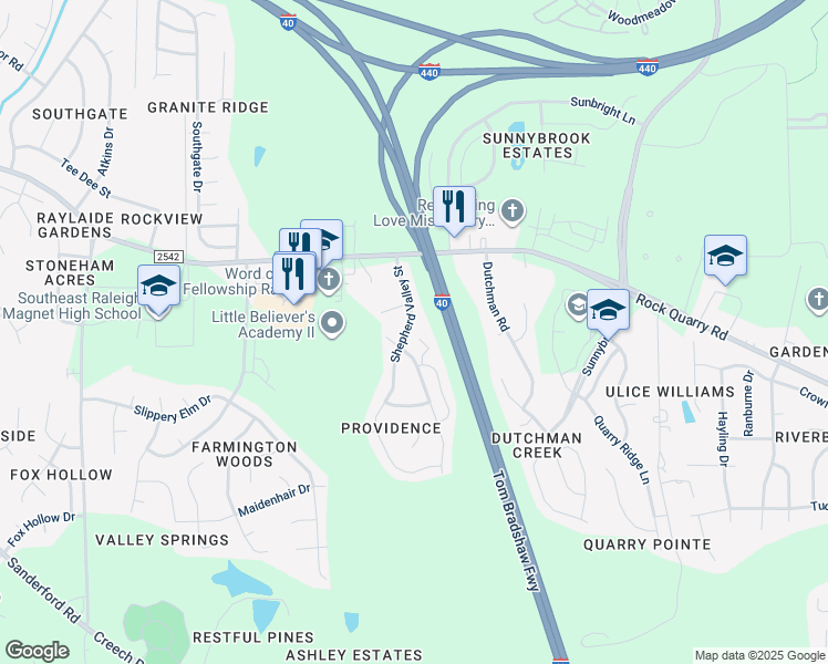 map of restaurants, bars, coffee shops, grocery stores, and more near 2431 Shepherd Valley Street in Raleigh