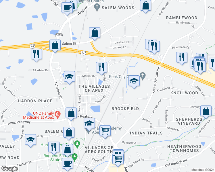 map of restaurants, bars, coffee shops, grocery stores, and more near 984 Tender Drive in Apex