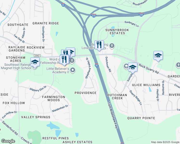 map of restaurants, bars, coffee shops, grocery stores, and more near 2431 Shepherd Valley Street in Raleigh