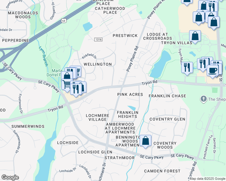 map of restaurants, bars, coffee shops, grocery stores, and more near 6315 Трион-роуд in Cary
