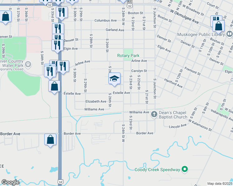 map of restaurants, bars, coffee shops, grocery stores, and more near 2500 Estelle Avenue in Muskogee