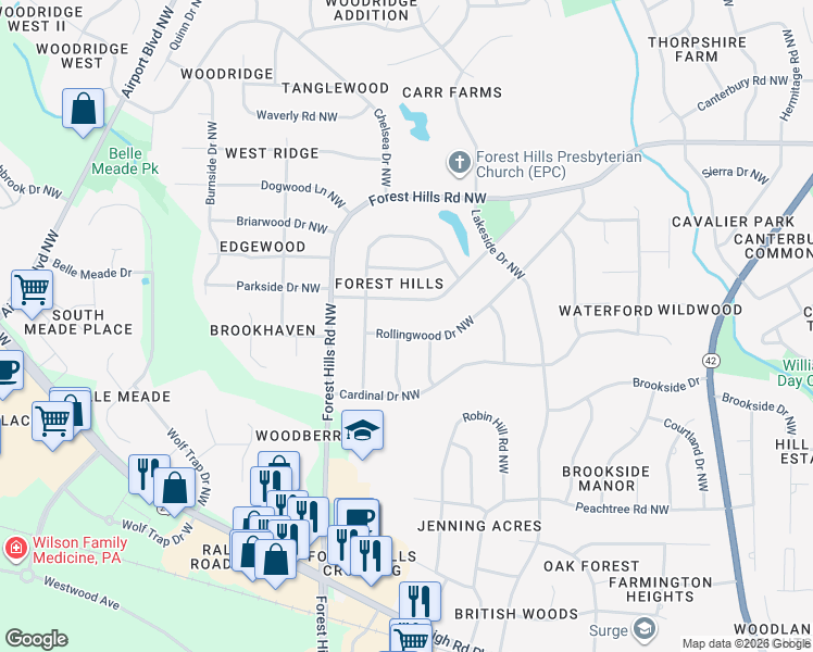 map of restaurants, bars, coffee shops, grocery stores, and more near 1104 Rollingwood Drive Northwest in Wilson
