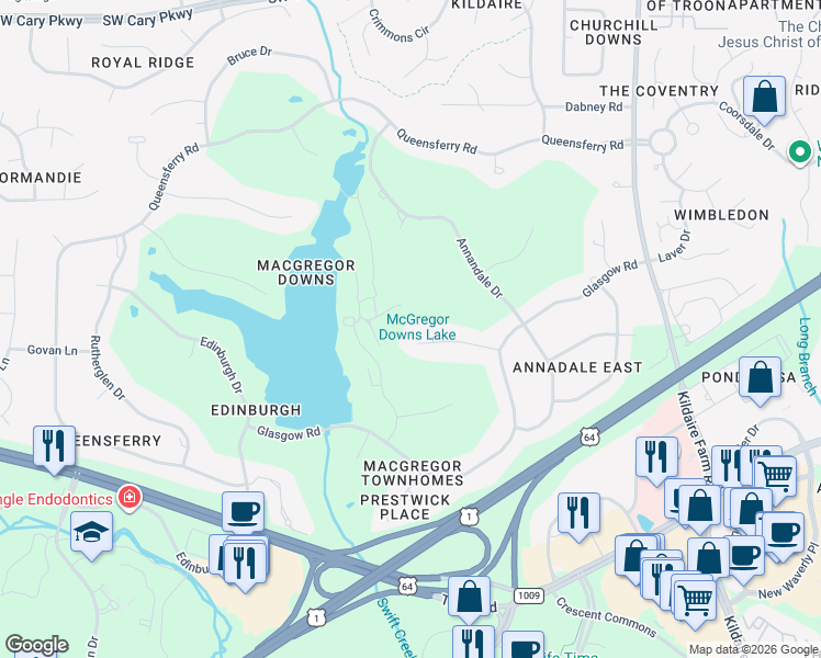 map of restaurants, bars, coffee shops, grocery stores, and more near 116 Lochinvar Court in Cary