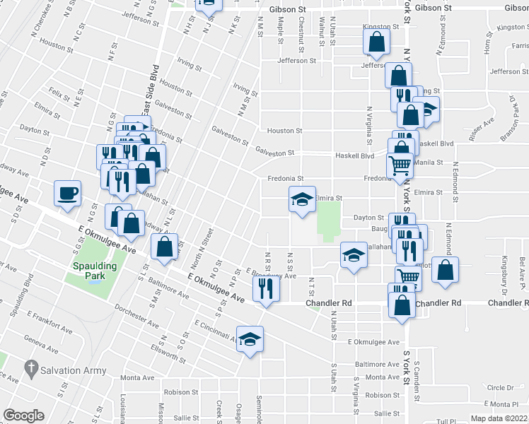 map of restaurants, bars, coffee shops, grocery stores, and more near 1602 North P Street in Muskogee