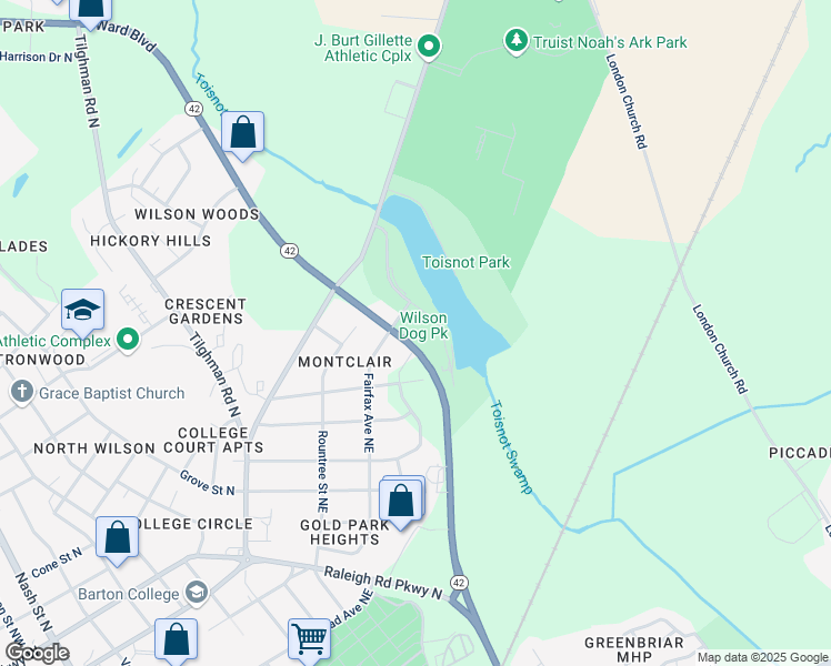 map of restaurants, bars, coffee shops, grocery stores, and more near 3815 Ward Boulevard in Wilson