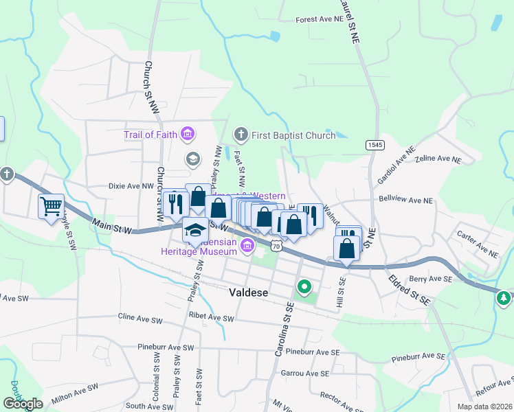 map of restaurants, bars, coffee shops, grocery stores, and more near 304 Rodoret St N in Valdese