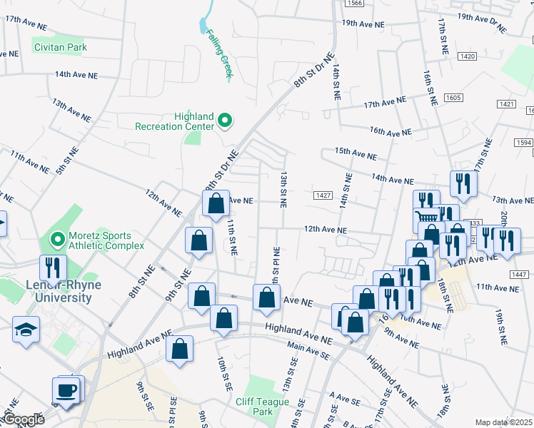 map of restaurants, bars, coffee shops, grocery stores, and more near 1222 12th Street Northeast in Hickory