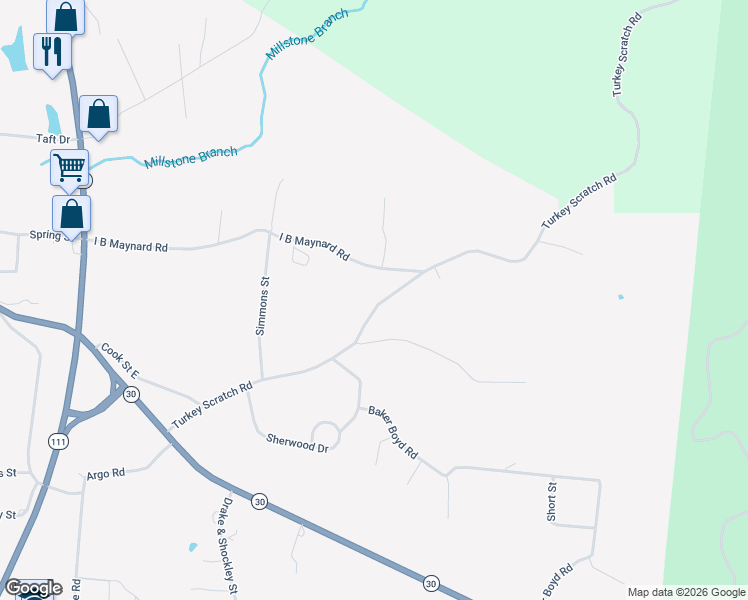 map of restaurants, bars, coffee shops, grocery stores, and more near 619 Turkey Scratch Road in Spencer