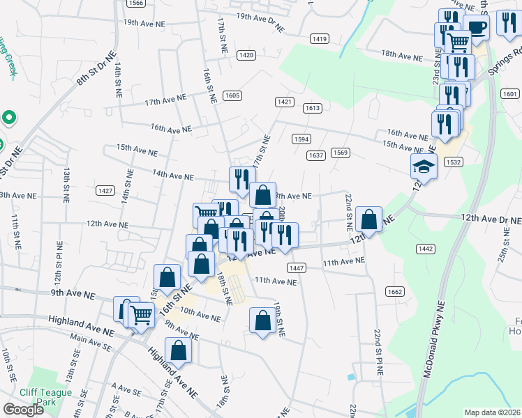map of restaurants, bars, coffee shops, grocery stores, and more near 1291 18th Street Northeast in Hickory