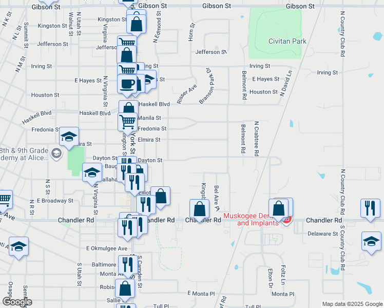 map of restaurants, bars, coffee shops, grocery stores, and more near 2502 Dayton Street in Muskogee