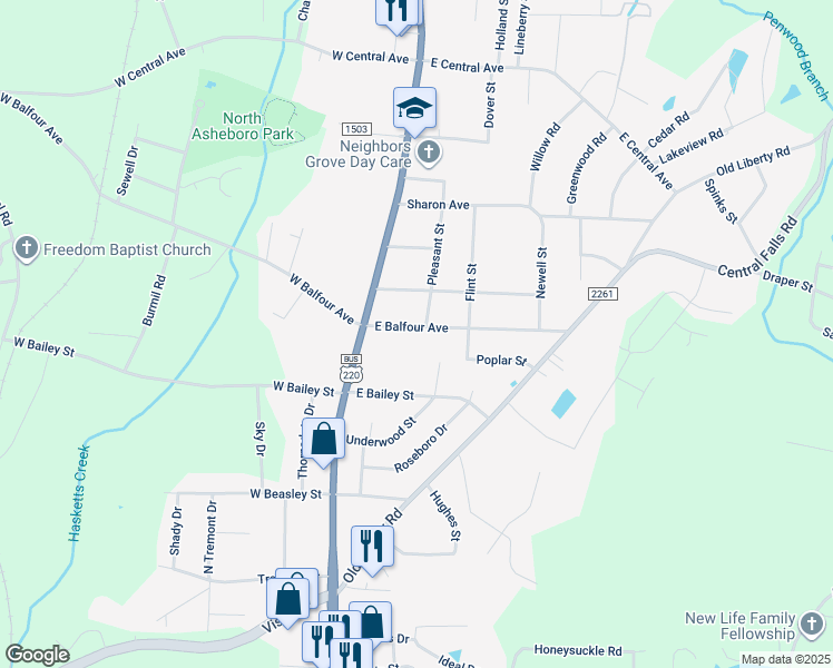 map of restaurants, bars, coffee shops, grocery stores, and more near 126 East Balfour Avenue in Asheboro